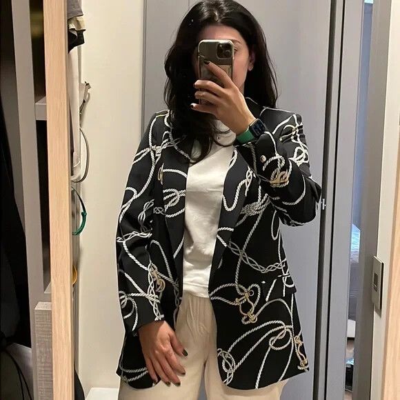 ZARA Navy Chain Print Blazer Jacket