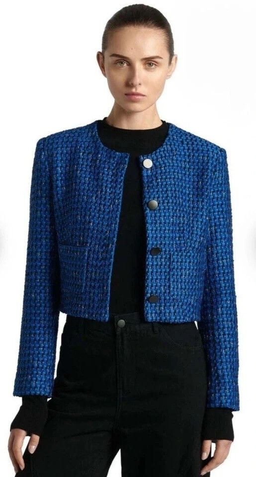 CUE Blue Tweed Winter Button Up Cropped Jacket NWT RRP$545