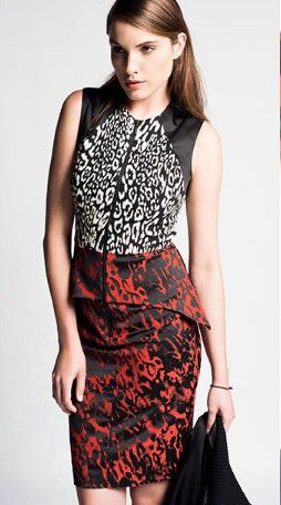 CUE Animal Print Red Black White Sleeveless Office Zip Front Pencil Dress
