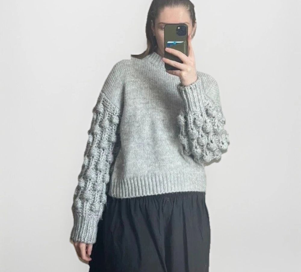 DECJUBA Grey Bubble Sleeve Knit Sweater Jumper