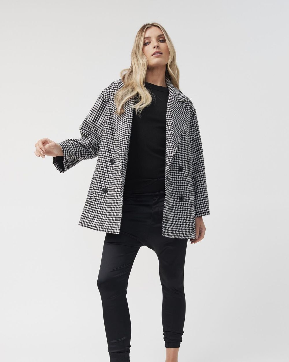 DECJUBA Melanie Wool Houndstooth Longline Blazer Coat