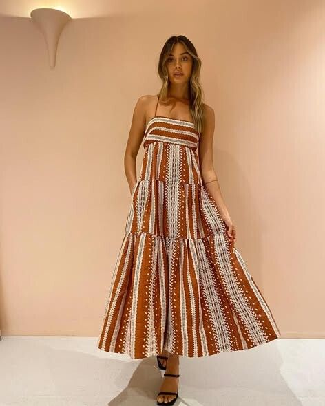 SHONA JOY Atlas Backless Tiered Midi Dress in Paprika/Cream NWT RRP$340