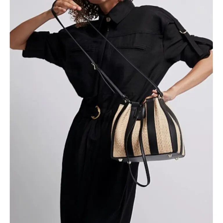 AJE Amulet Leather Straw Crossbody Bucket Bag NWT