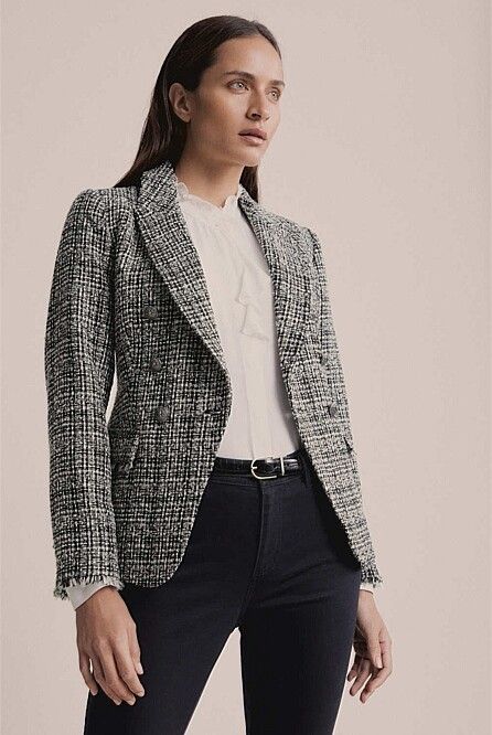 WITCHERY Wool Metallic Boucle Tweed Waisted Double Breasted Blazer