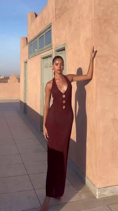 KOOKAI Samara Pecan Knit Halter Maxi Dress RRP$260