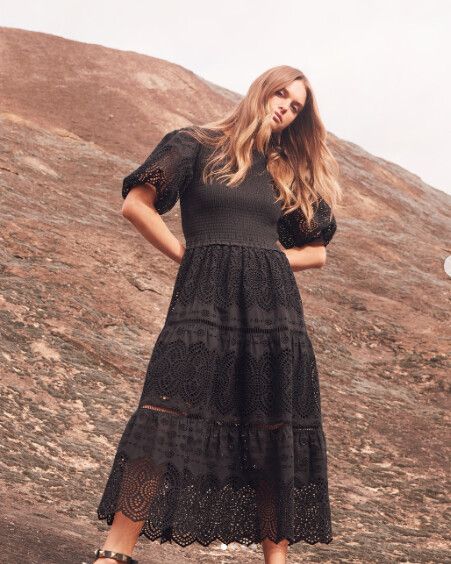 DECJUBA Nolita Broderie Black Shirred Puff Sleeve Midi Dress