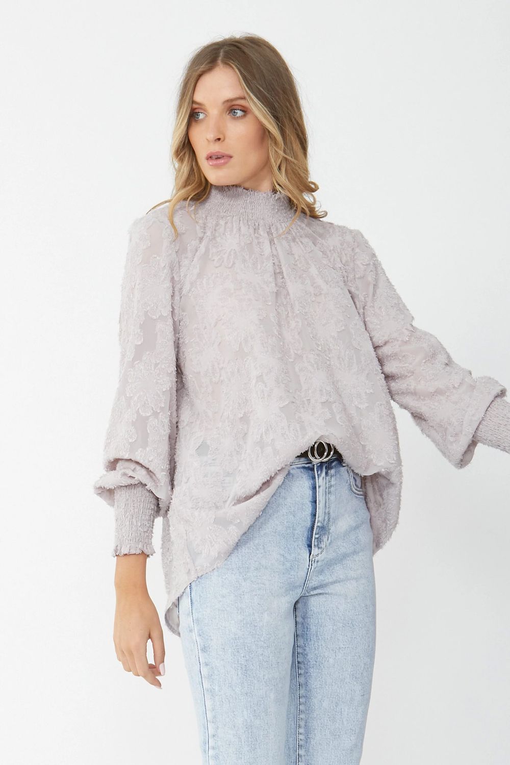DECJUBA Isabella Dusty Lilac Burnout Long Sleeve Blouse RRP$125