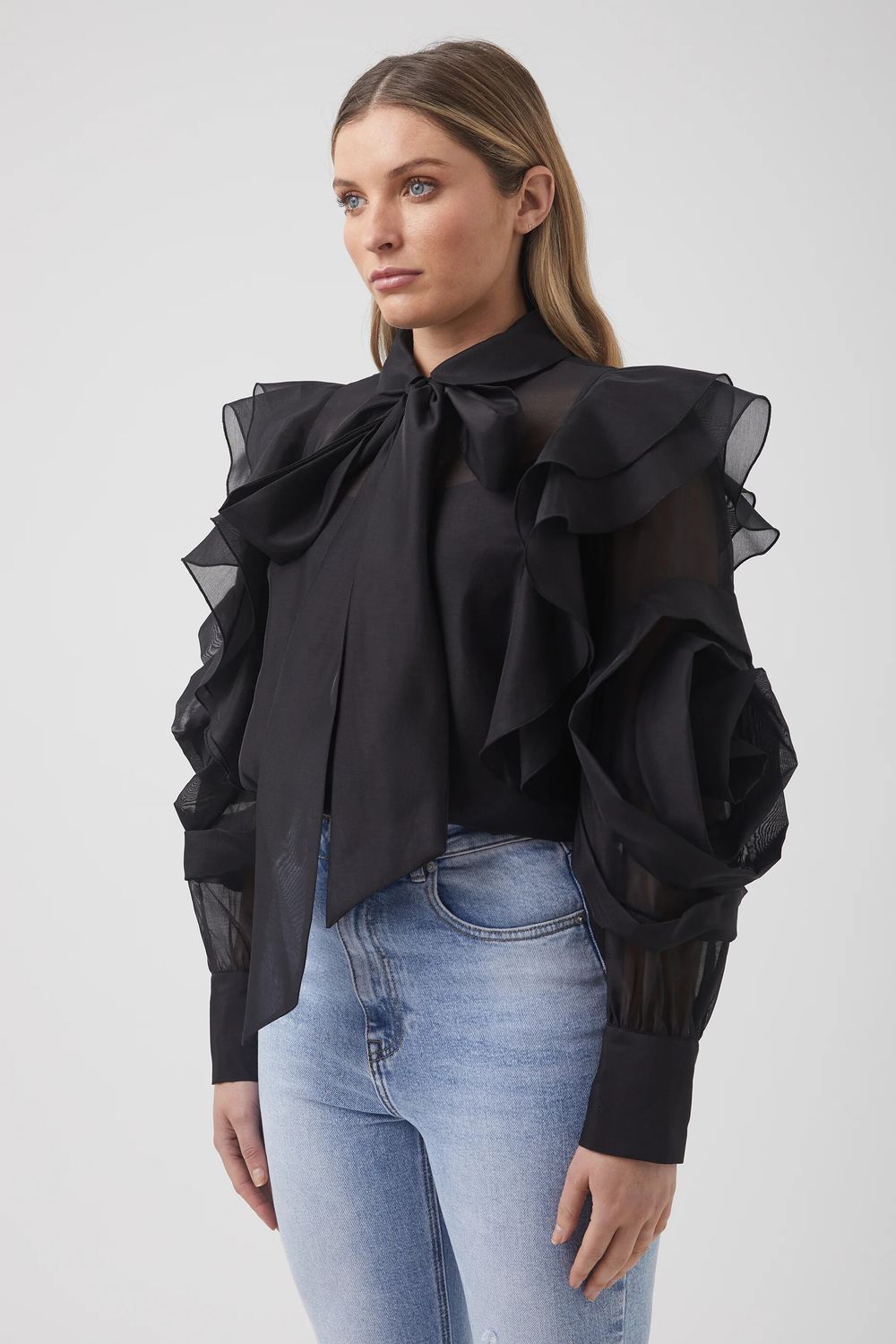 DECJUBA LouLou Black Ruffle Long Sleeve Blouse Top RRP$139