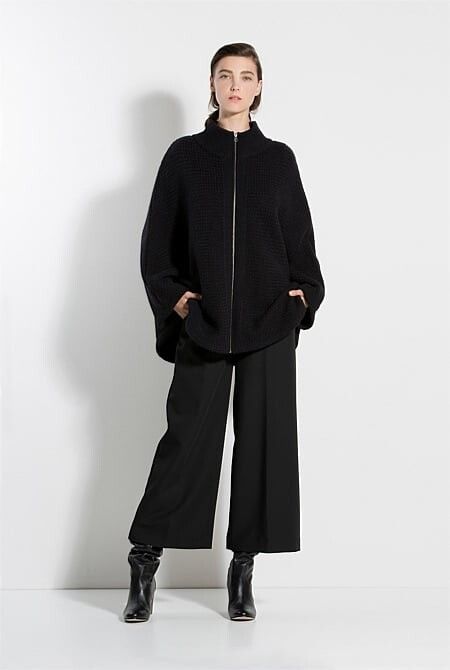 TRENERY Black Alpaca Wool Basket Stitch Cape Knit Zip Cardigan