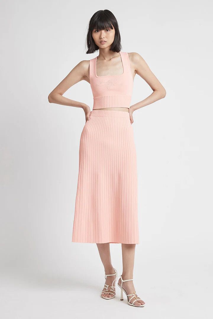 AJE Frey Pink Ribbed Knit Pleated Midi Skirt RRP$225