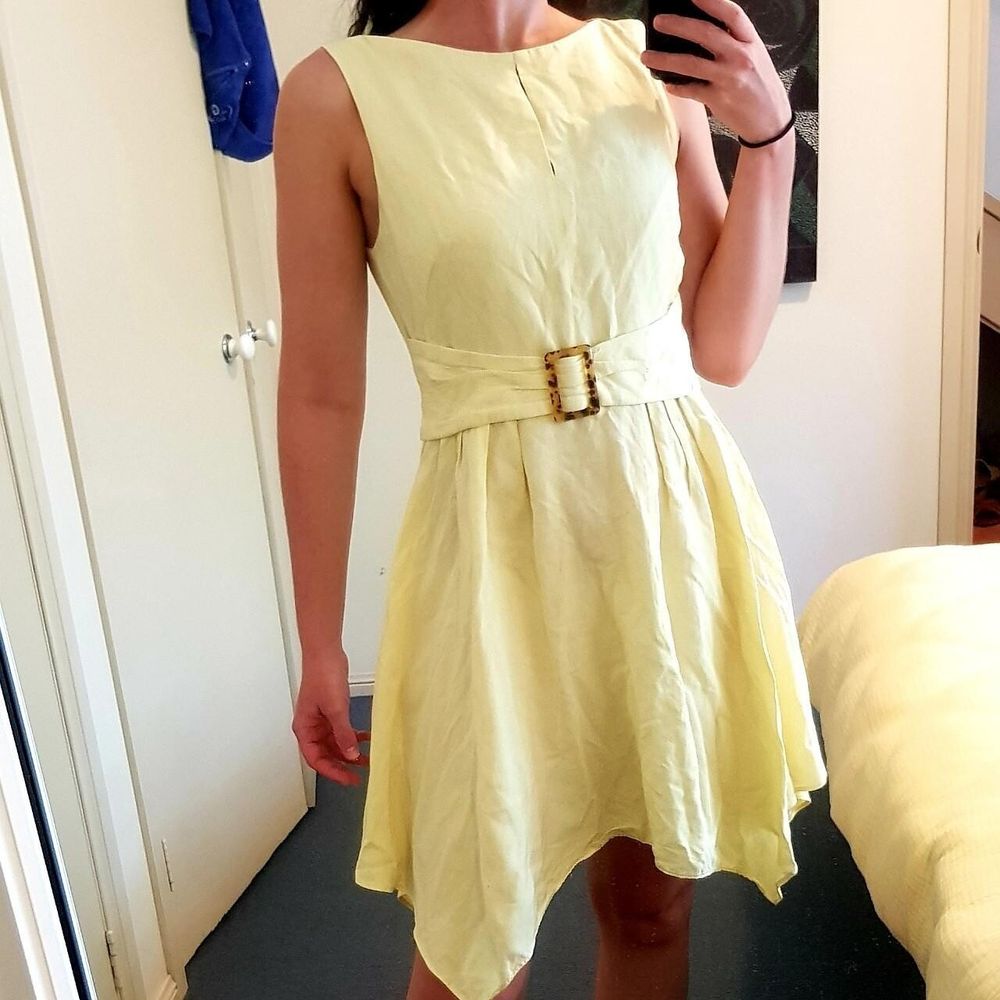 CUE Lemon Yellow Belted Sleeveless Fit & Flare Dress