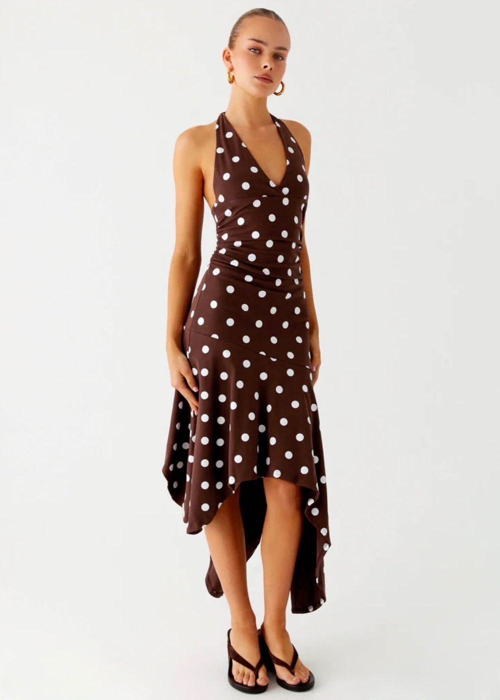 PEPPERMAYO KEYLANI HALTER MIDI DRESS - CHOCOLATE POLKA