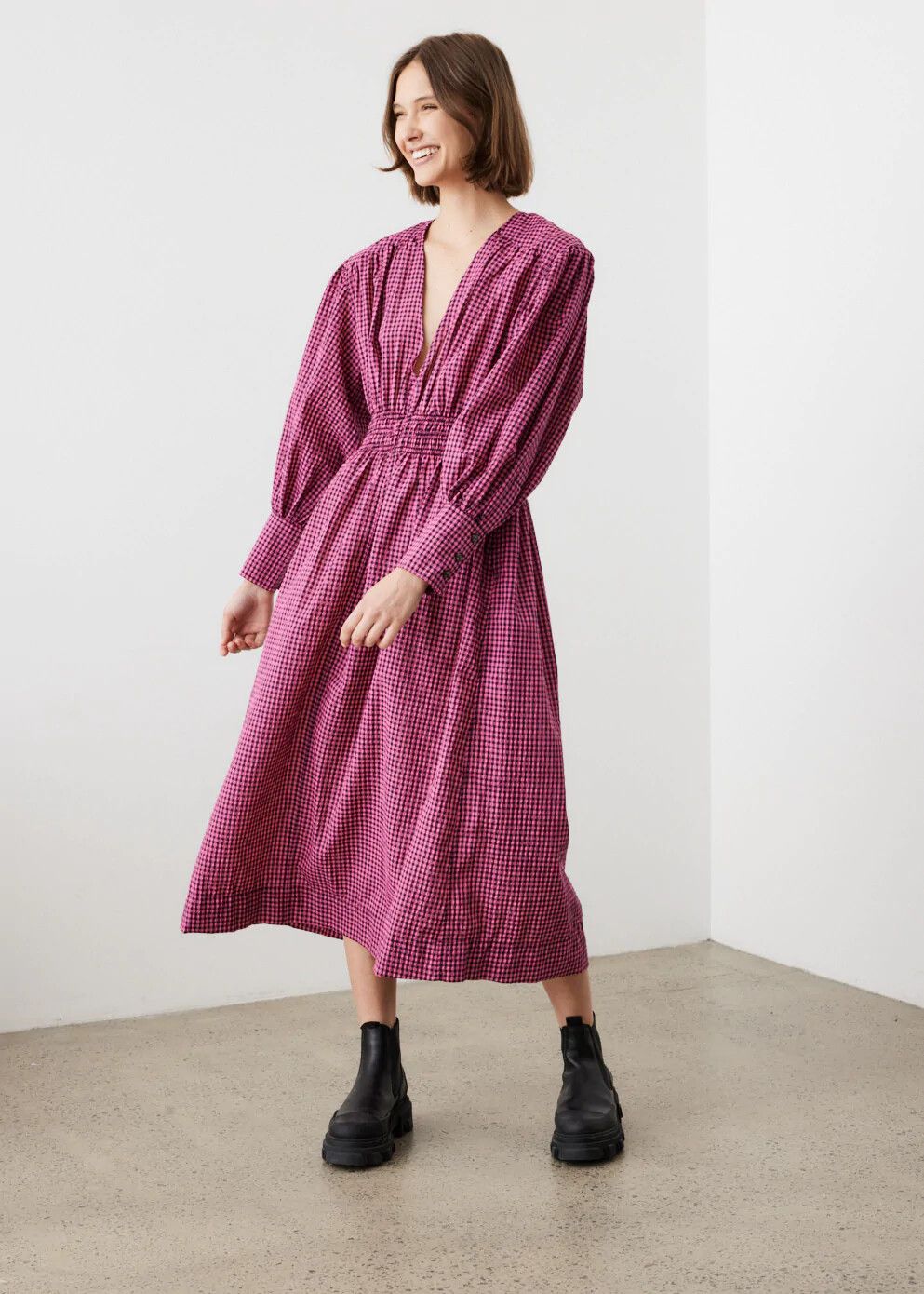 midi drawstring dress Black Textured Plaid Drawstring Neck Maternity Midi Dress