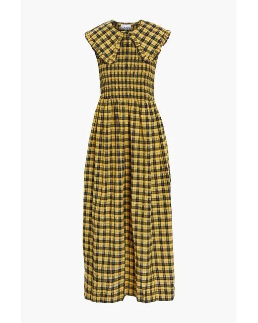 Ganni - GANNI Shirred ruffle-trimmed checked cotton-blend midi dress on Designer Wardrobe Ganni - GANNI Shirred ruffle-trimmed checked cotton-blend midi dress on Designer Wardrobe