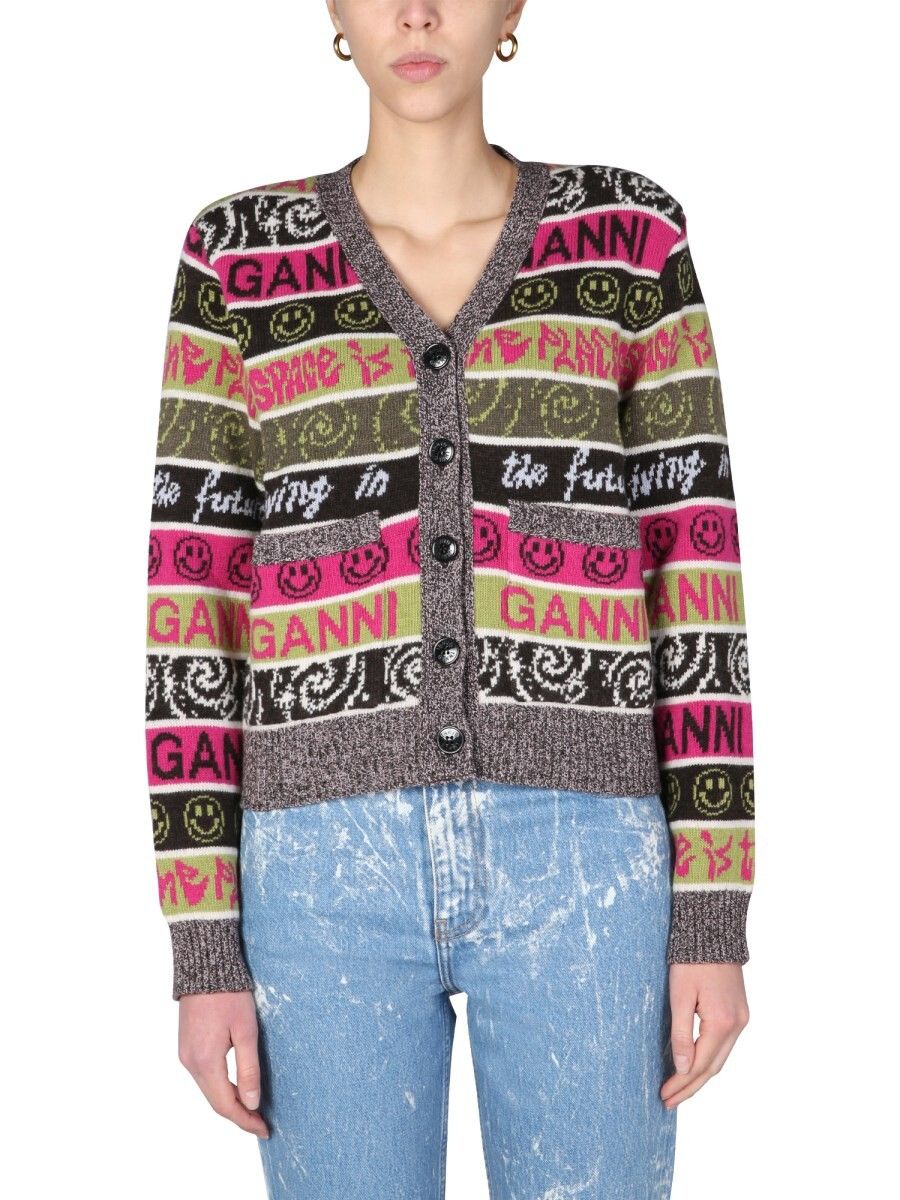 GANNI green & pink wool mix knit cardigan
