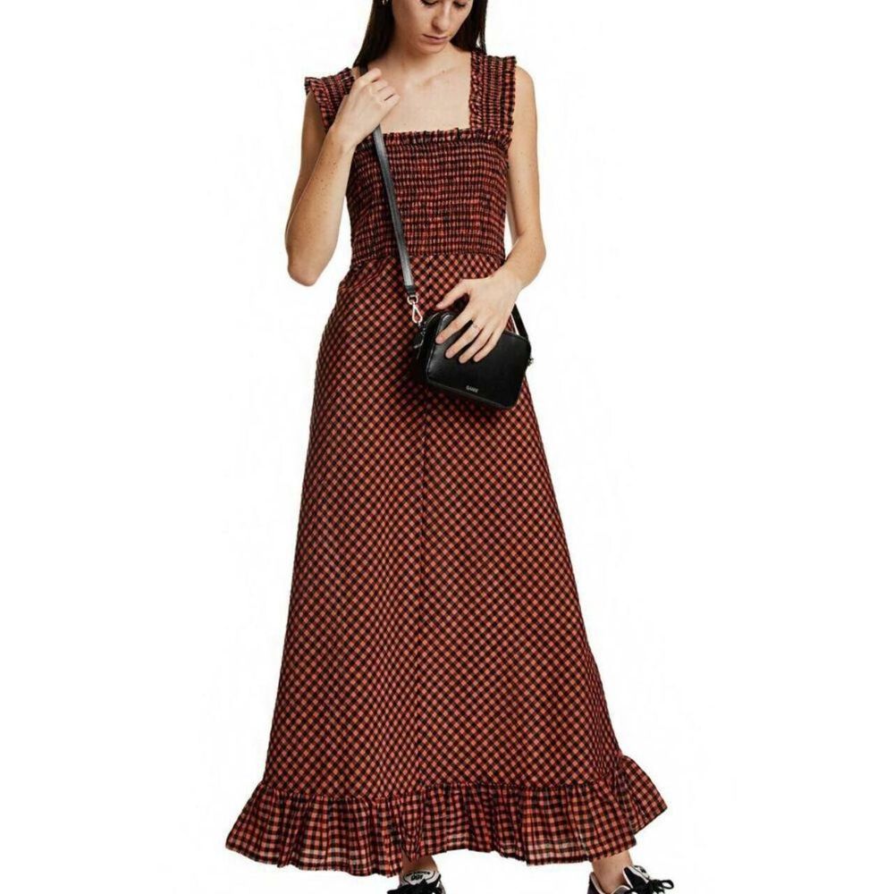Ganni Seersucker Check Print Dress with Frill Hem