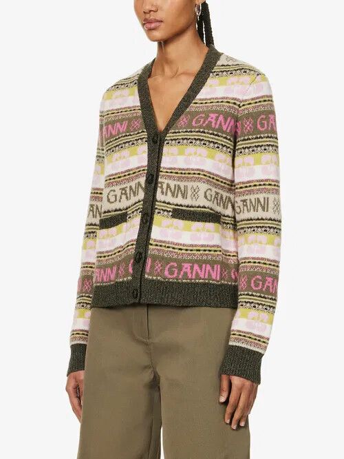 GANNI Logo-Intarsia Wool Cardigan