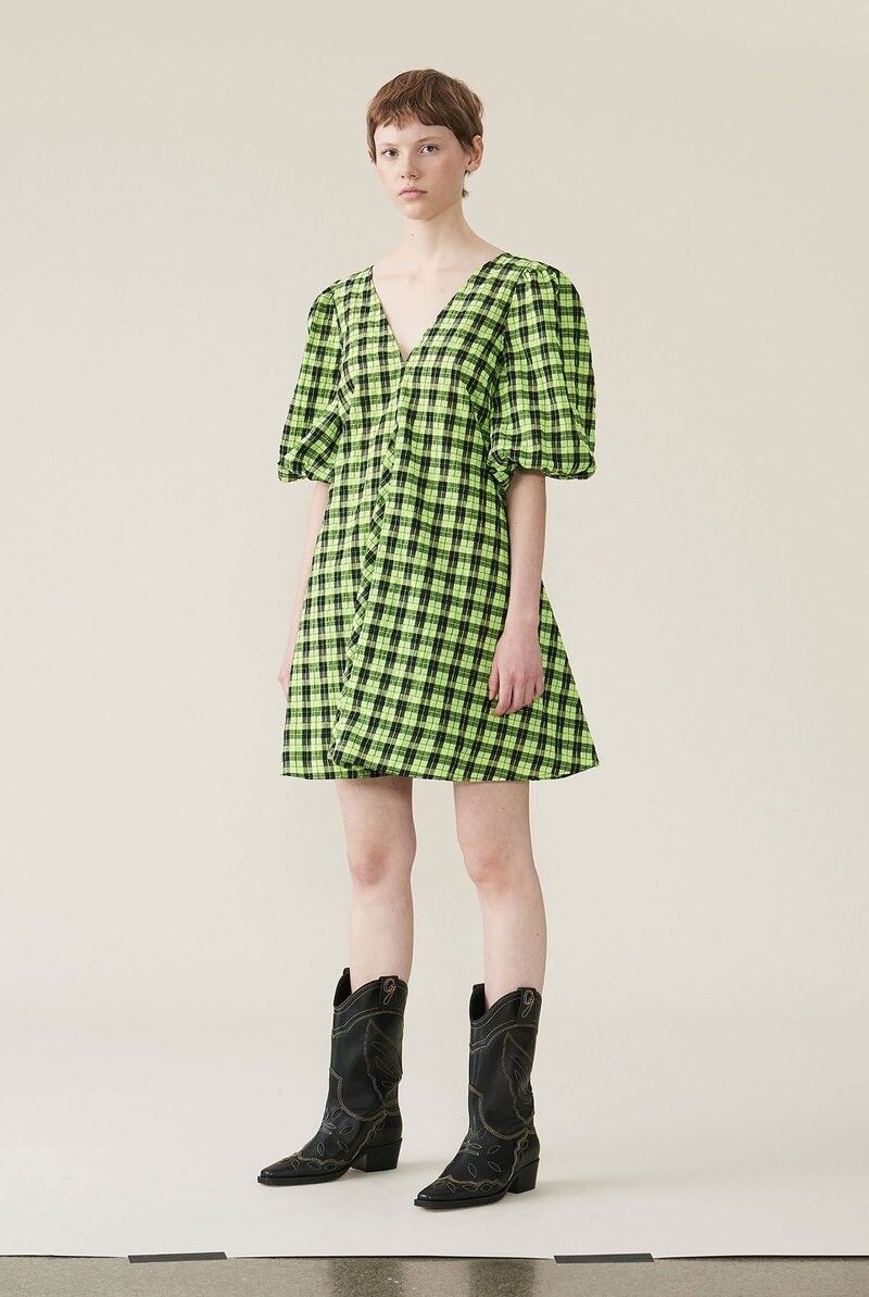 Ganni Lime-green Checked Cotton-Blend Seersucker Mini Dress
