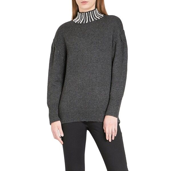 Sandro Faux Pearl Embellished Mockneck Sweater