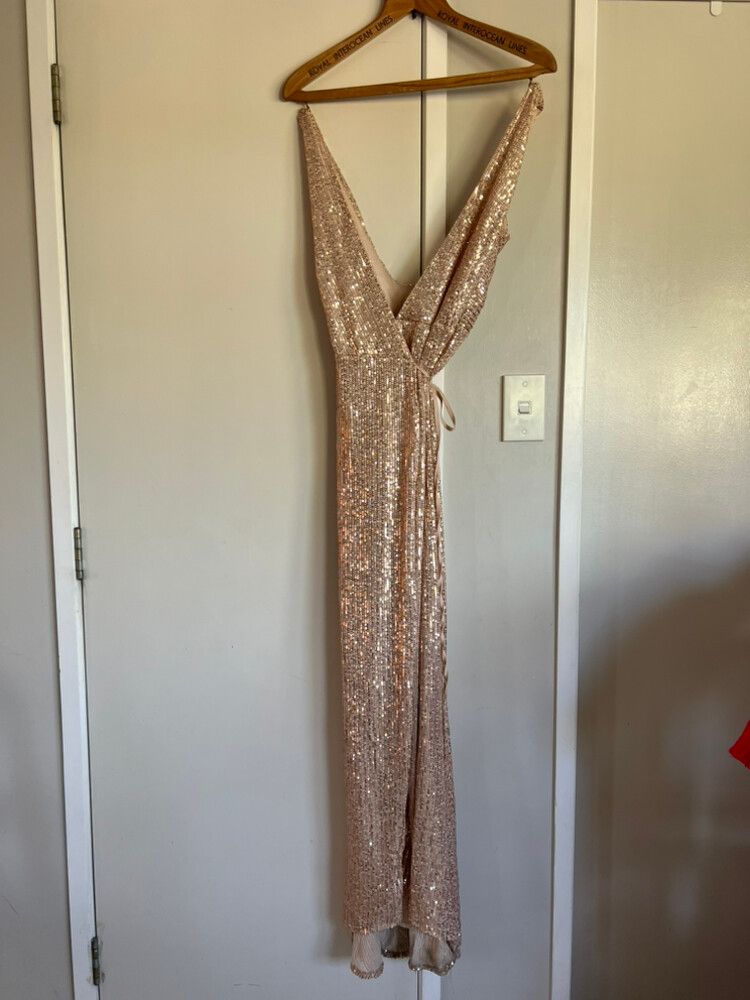 showpo gold dress Tan Amani Draped Sequin Maxi Dress main image 1