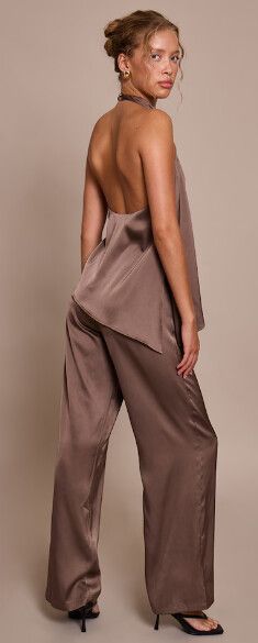 Mushroom Satin Draped Halterneck Wide Leg Jumpsuit
