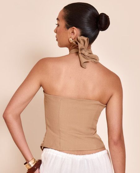 Latte Bead Detail Woven Halterneck Top
