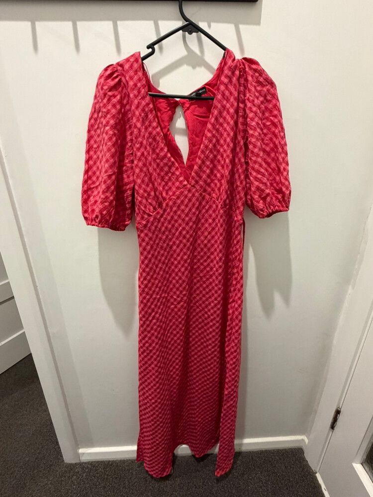 AMONG THE BRAVE AMORA RASPBERRY DITSY GINGHAM MIDI DRESS