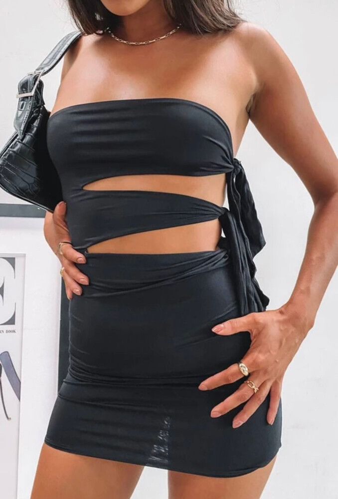 lioness black cut out side tie mini dress