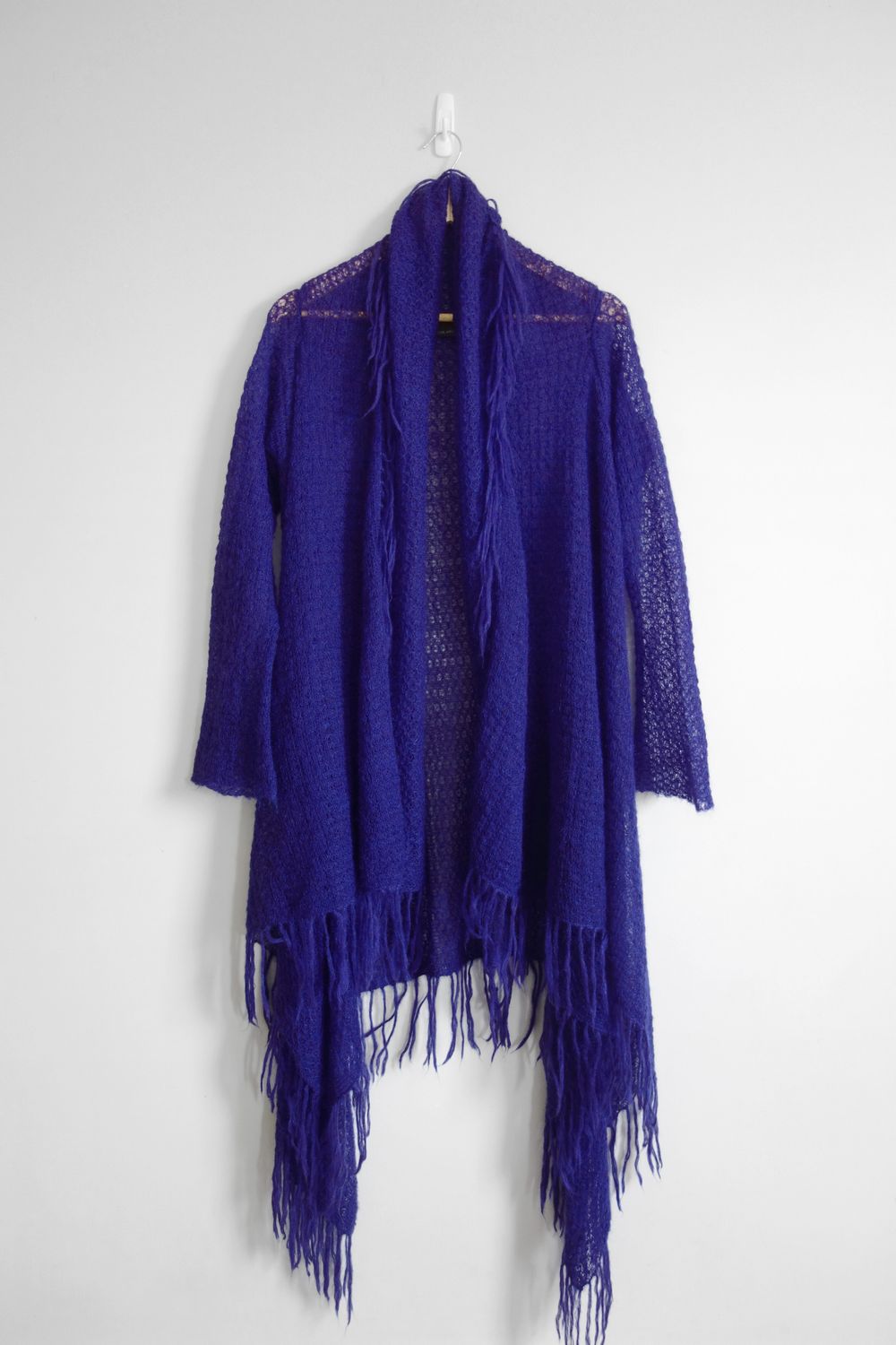Dramatic floor-length purple fringed cardigan