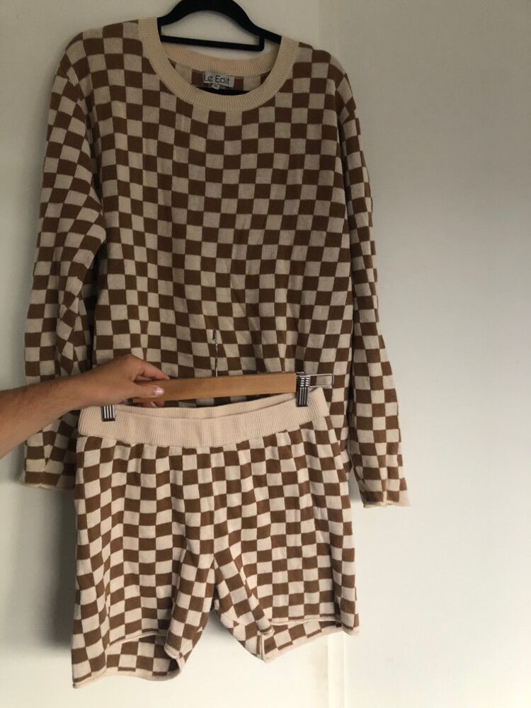 Le Edit Cream and Brown Checkered cotton Set