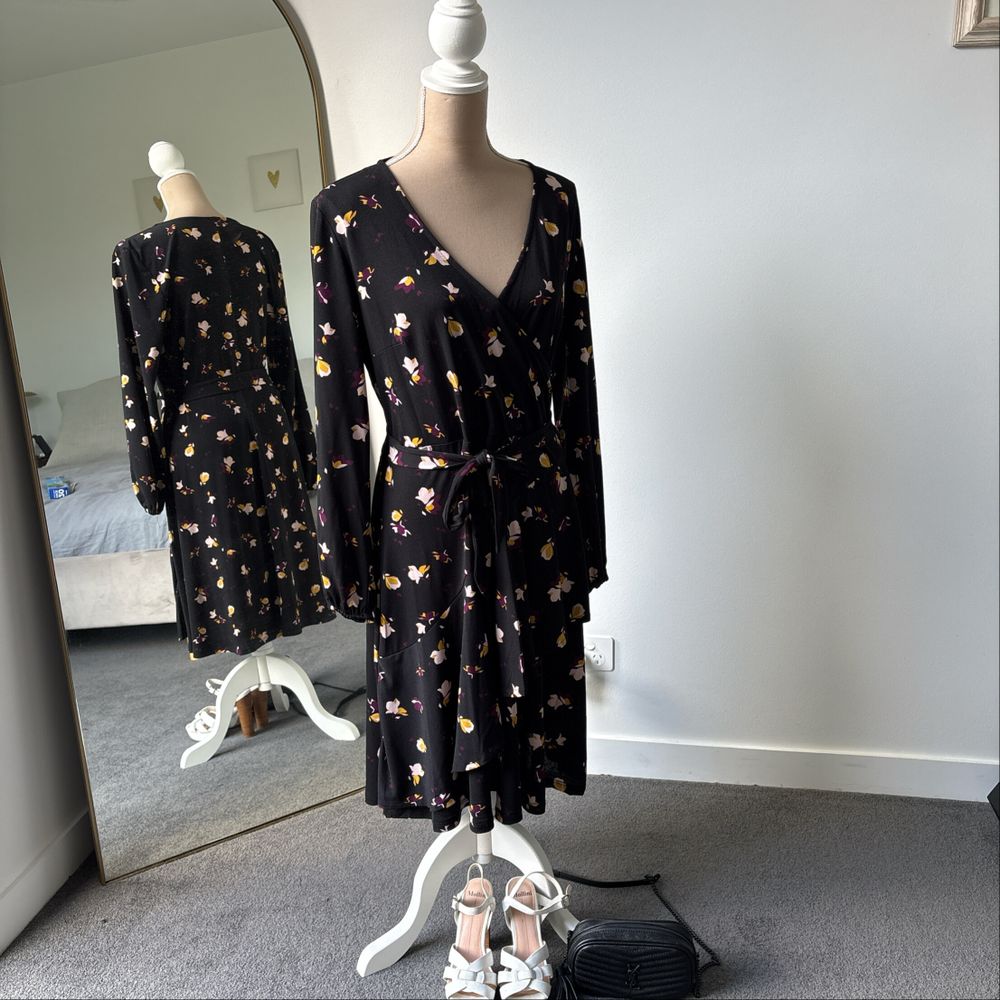 Leona Edmiston Black Floral Wrap Dress