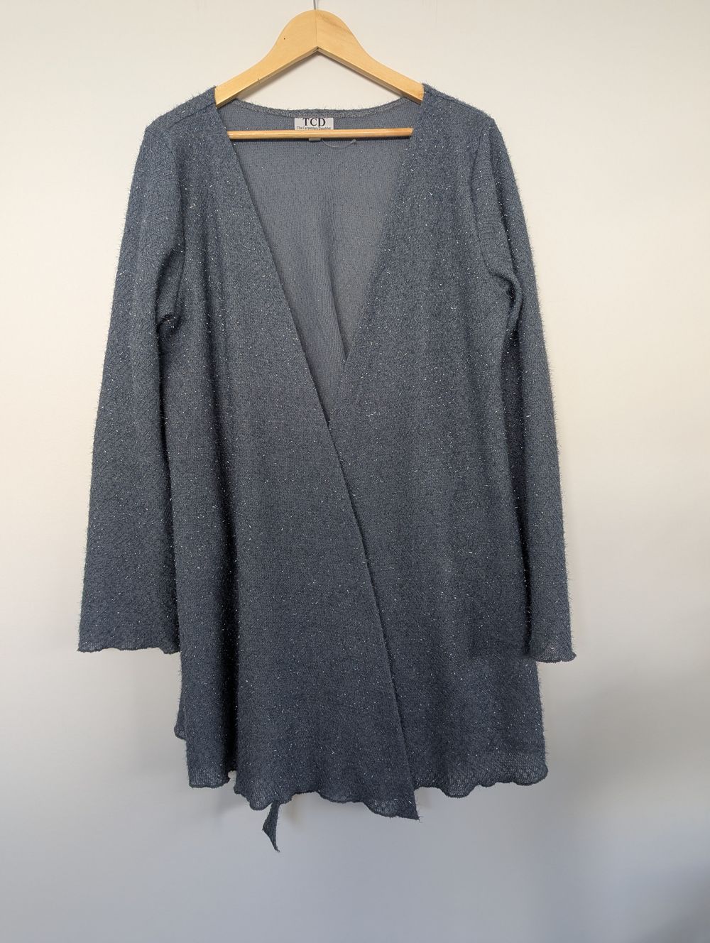 TCD grey blue metallic longline cardigan open cardi open size free size plus size medium lagenlook relaxed minimalist timeless modern lightweight coastal cowgirl beachy resort boho hippie bohemian artsy