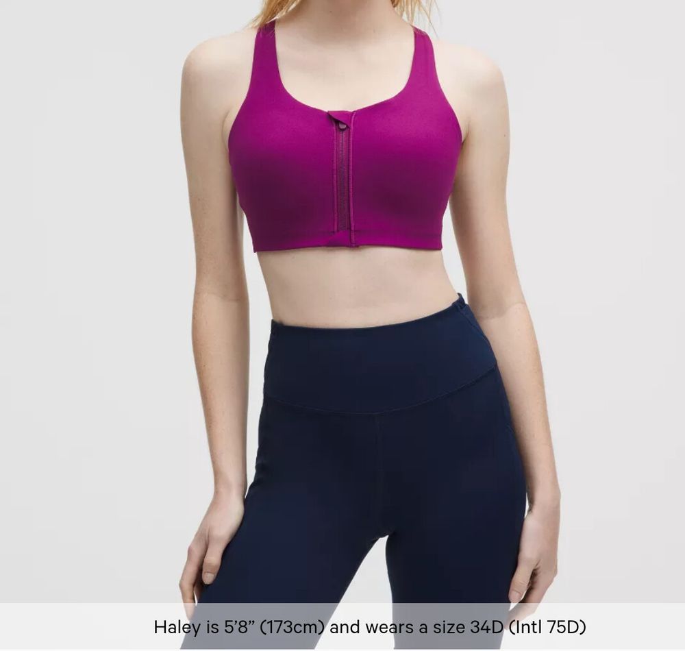 Lululemon padded sports bra 36C zip up adjustable purple gym yoga pilates hiking tramping walking running jogging exercise active wear athleisure