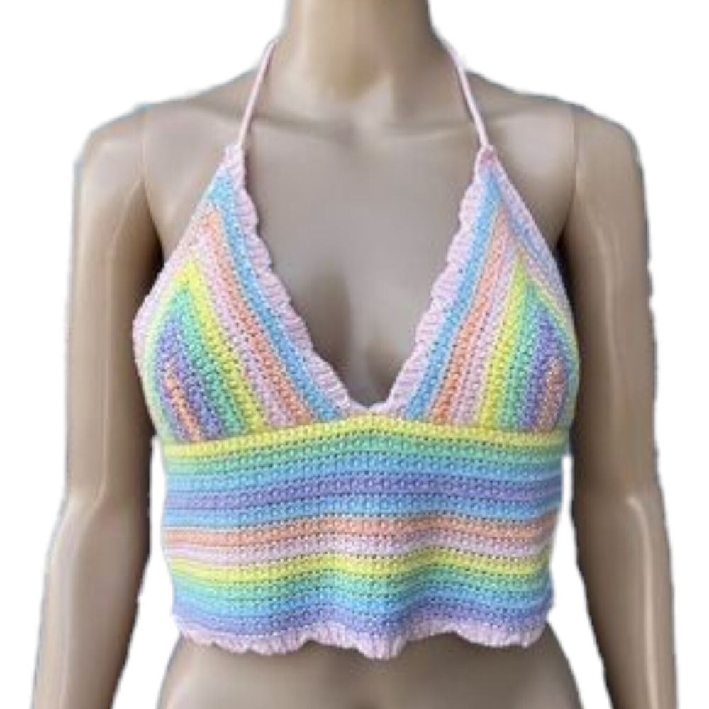 Sincerely Jules Pastel Rainbow Crochet Halter Top Size L Sheer Rave Festival Beachy Swim Clubwear Hippie Unique Boho