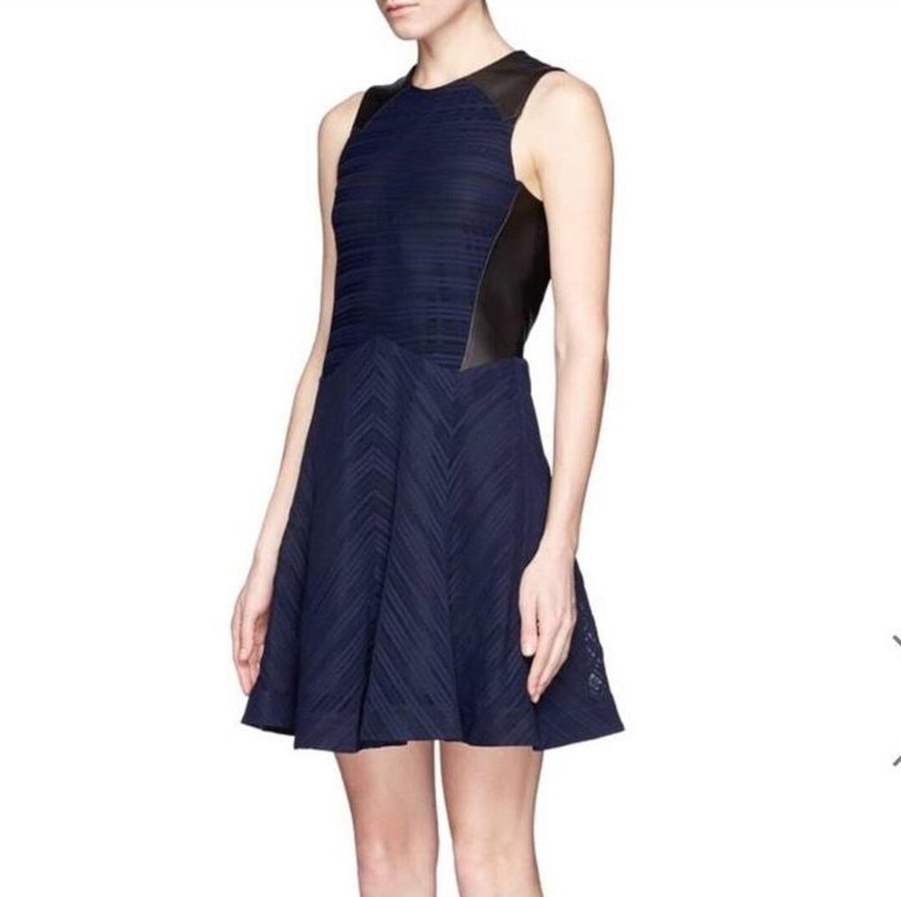 Rag & Bone Basha Navy Mesh Lamb Leather Trim Silk Round Neck Fit & Flare Dress Size 10 Chic Corporate Professional Wedding Date Night Executive Minimalist Quiet Luxury Stealth Wealth Dark Academia