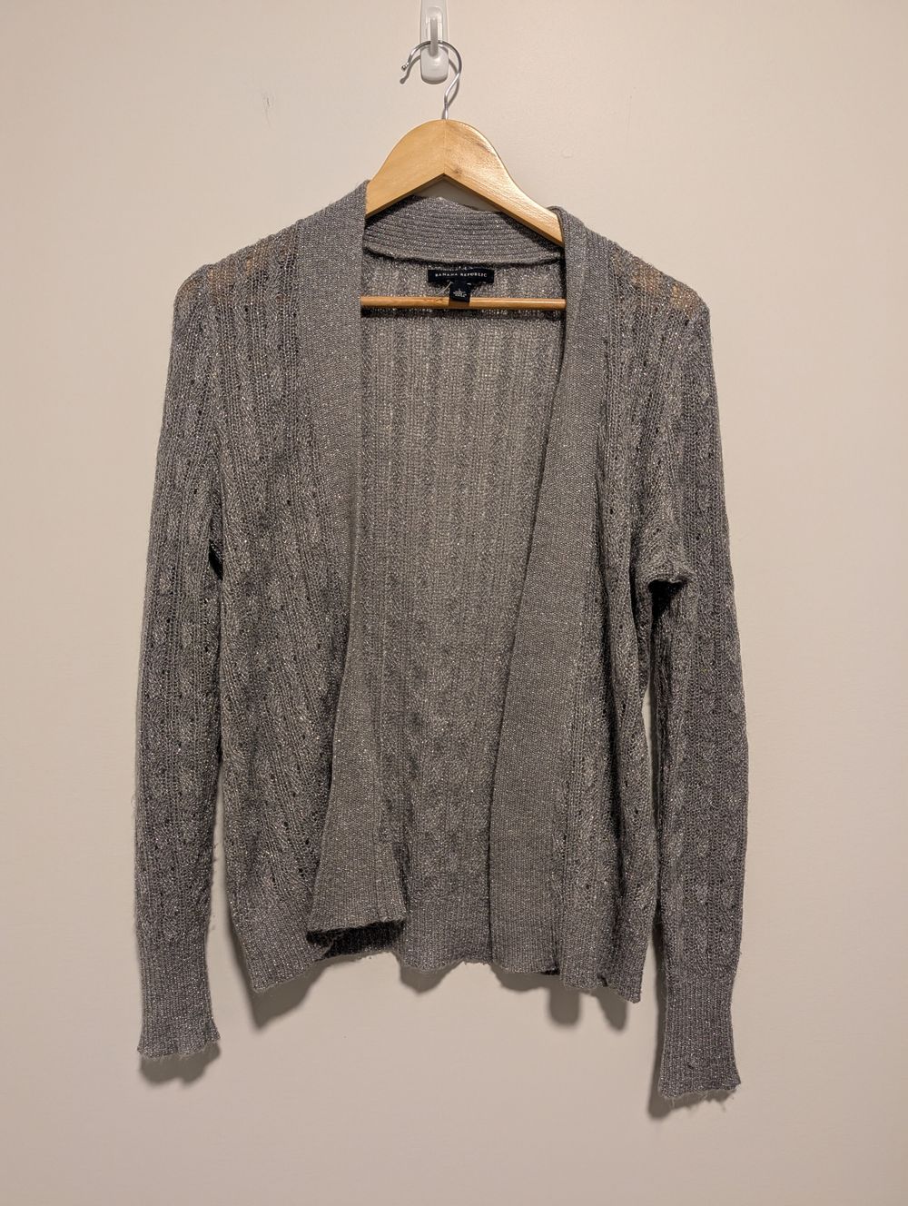 Banana Republic Mohair Blend Crochet Open Front Cardigan Size L Sheer Cardi Metallic Silver Lightweight Minimalist Quiet Luxury Stealth Wealth Capsule Wardrobe Staple Scandinavian Earthy Coastal