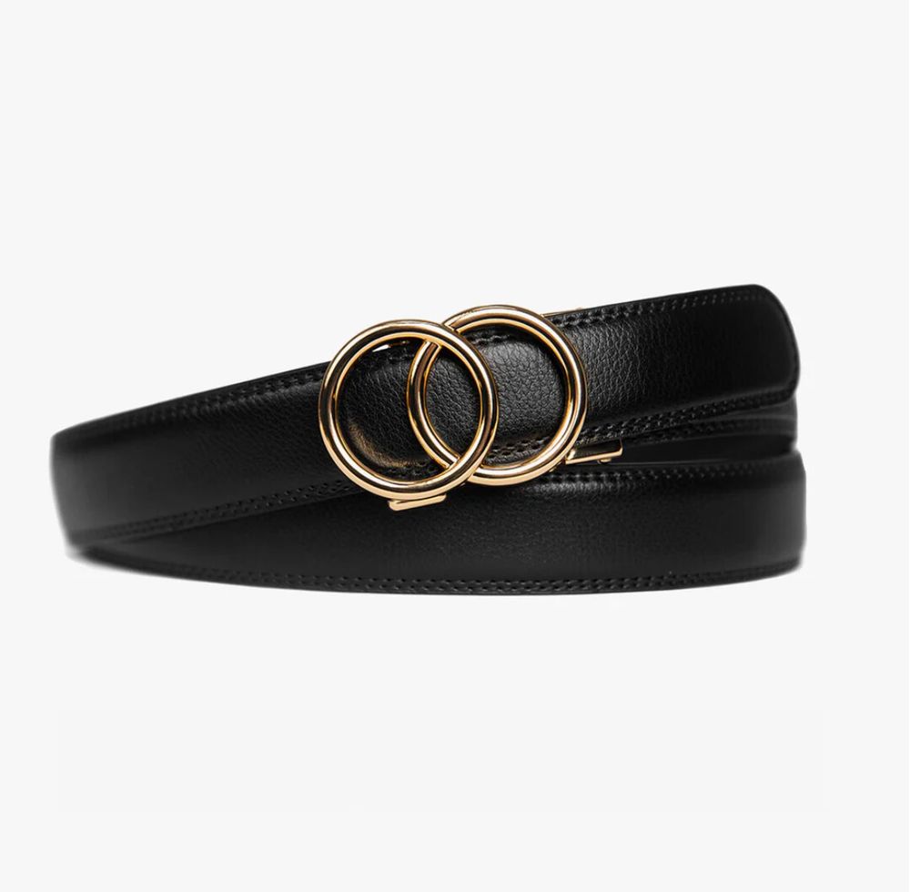 NWOT brand new black leather belt gold hardware capsule wardrobe staple minimalist lagenlook quiet luxury stealth wealth dark academia old money