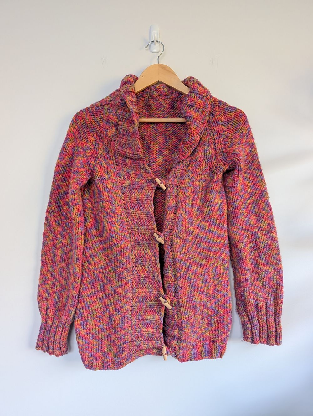 Handmade multicoloured chunky knit cardigan jersey rainbow sweater jumper cardi thick warm cozy wooden buttons boho cottage hippie bohemian fairy artsy lagenlook