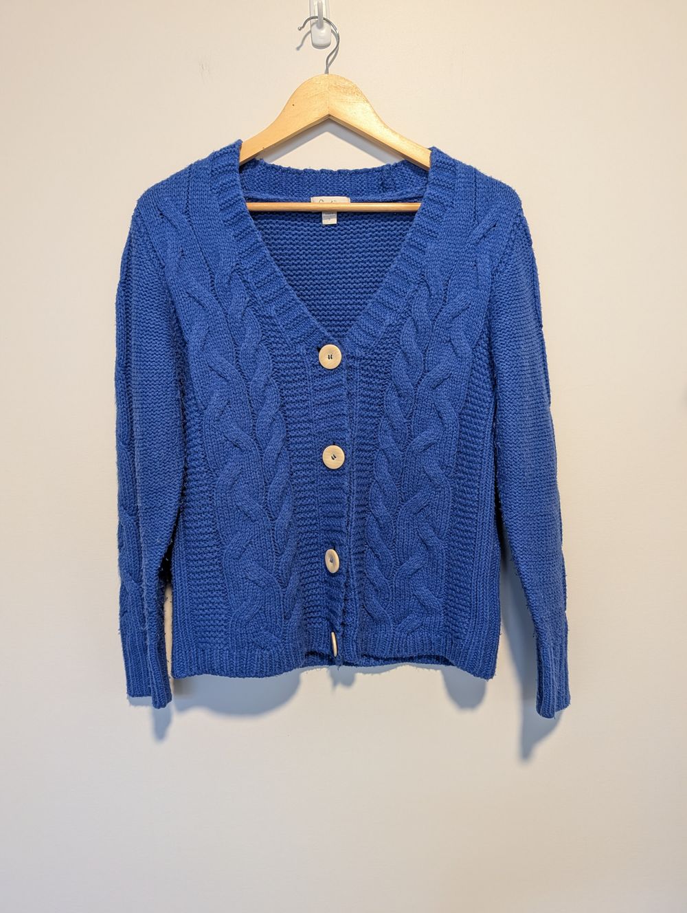 Chunky cable knit cardigan button up cardi cobalt blue twee teacher boho cottage cottagecore grandma granny cozy cabin nautical boat