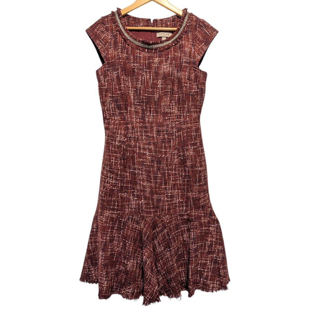 Tweed dress burgundy boat neck flounce dress frayed hem work dress office siren corporate business class stealth wealth dark academia romantic old money wedding party birthday regal royal