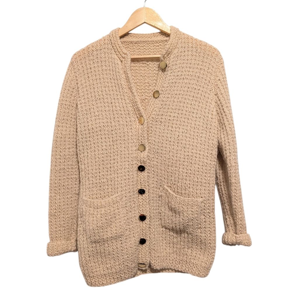 Handmade cream chunky knit crochet lace button up cardigan cardi boho sheer aran fisherman heritage hippie bohemian Stevie Knicks janis joplin beachy coastal flower cottage fairy pockets