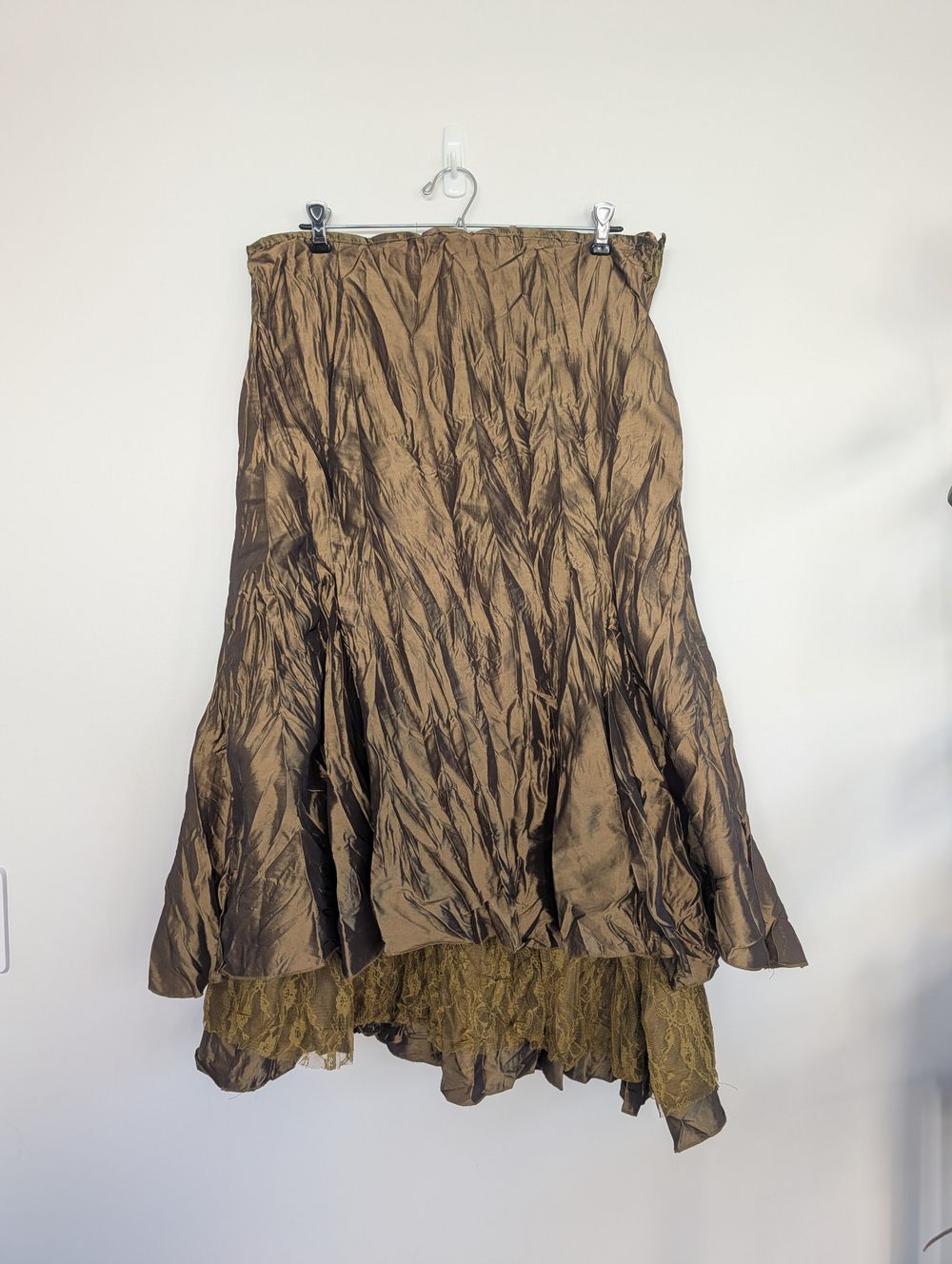 Vintage Green Brown Crinkled Skirt Lace Sheer Vintage Boho Hippie Earthy Artsy Cottage Peasant Bohemian Lacey Renaissance Medieval Steampunk