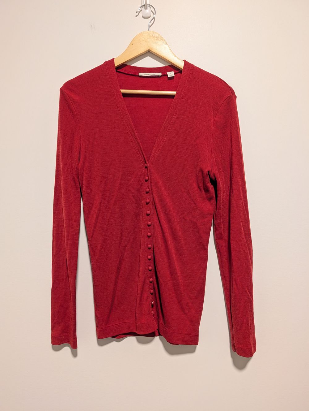 100% wool cardigan button up red v neck fitted cardi tomato girl cherry minimalist lagenlook capsule wardrobe staple classic modern stealth wealth dark romantic