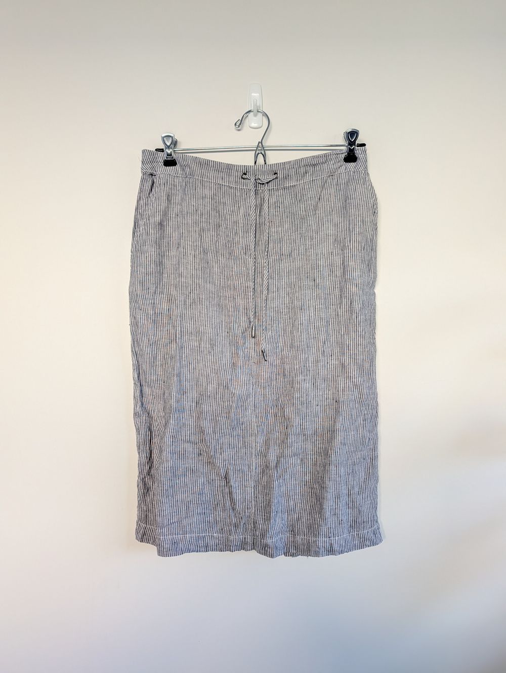 100% linen striped knee length skirt sustainable lagenlook capsule wardrobe staple minimalist boho hippie bohemian cottage coastal beachy boat nautical size 10