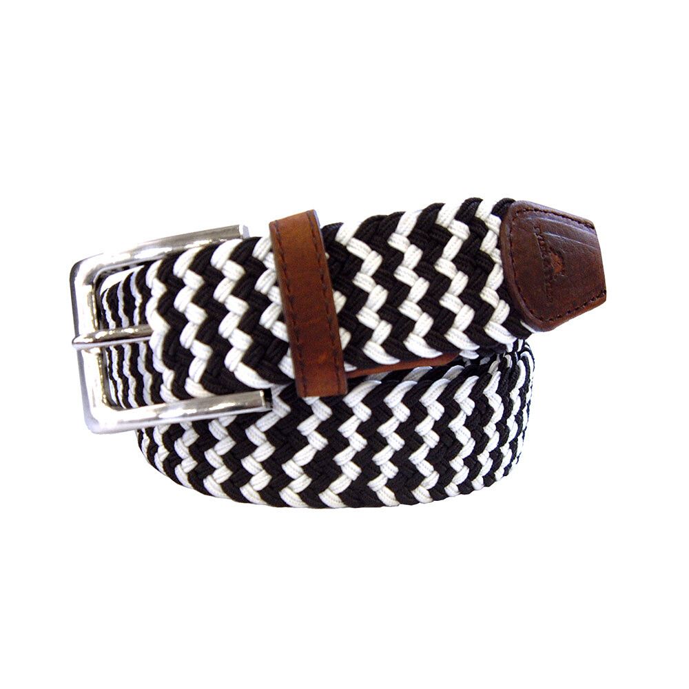 TYLER & TYLER Zig Zag Black White Woven Belt Genuine Leather Brown Chevron Braided Classic Minimalist Office Corporate Preppy Country Club Quiet Luxury