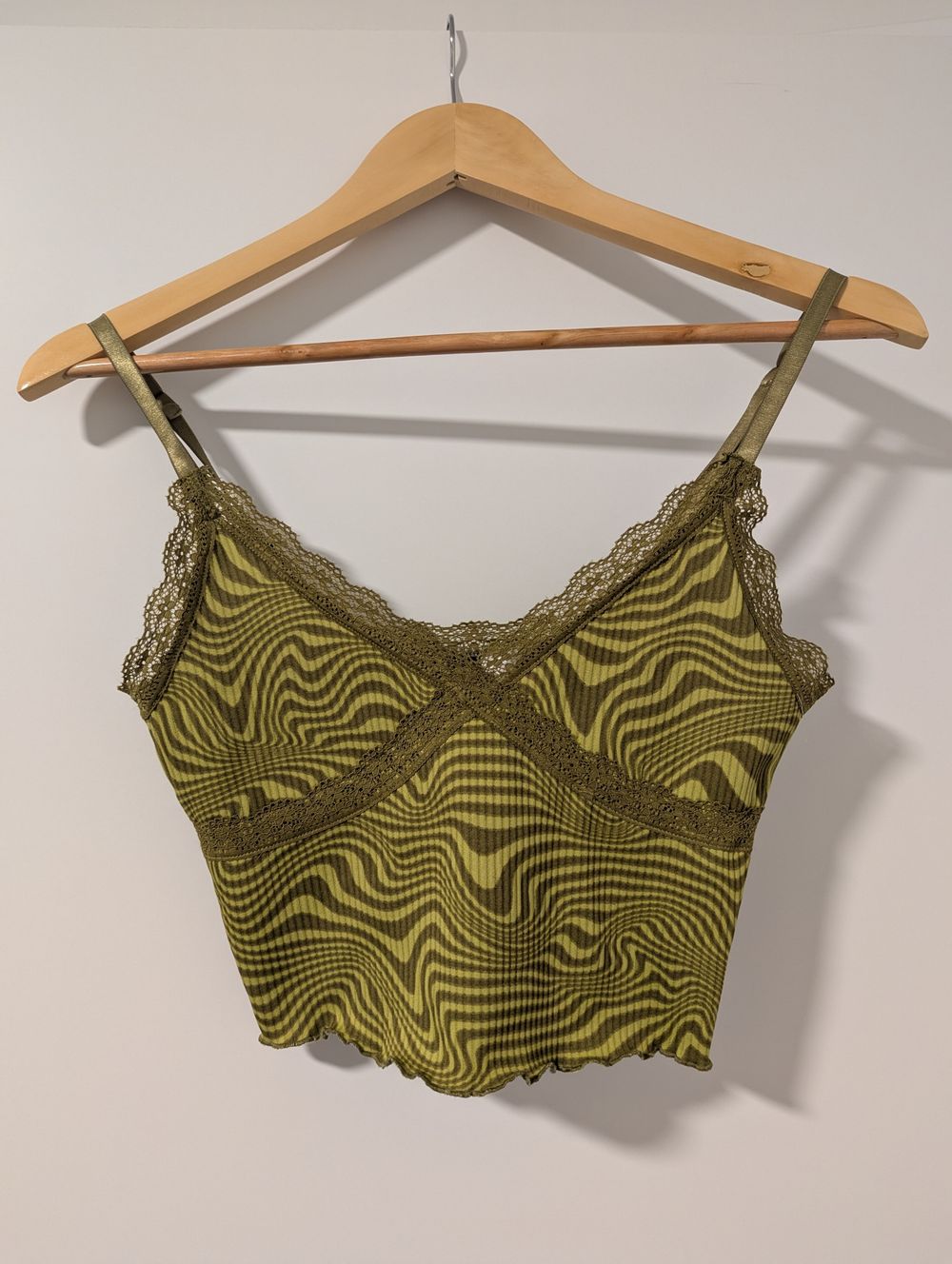 H&M Divided Small Olive Green Babydoll Thin Ribbed Lace Cami Tank Top Adjustable Strap Brat Green Swirl Psychedelic Hippie Coquette Y2K Flower Power Whimsy Rave