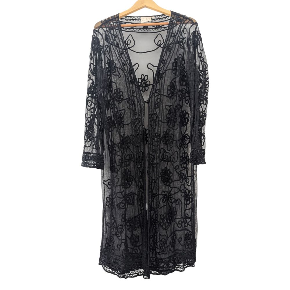 Unique Mesh Lace Embroidered Beaded Kimono Duster Cardigan Cardi Black Boho Whimsygoth Festival Gothic Vampire Witchy Wench Broomstick Dark Cottage Boho Hippie Stevie Nicks Floral Flower Power Open Size Medium Large