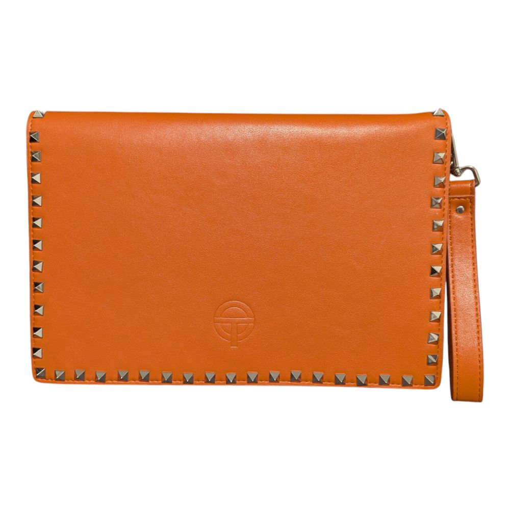 The Others studded leather burnt orange clutch wristlet handbag purse punk rock bright colorful grunge sleek edgey modern mob wife pumpkin spice minimalist