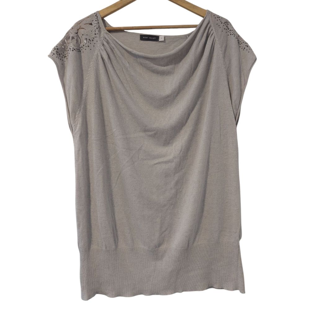 Cashmere cotton blend jersey knit sweater jumper short sleeve ruched sleeve embellished sequin lace scoop neck minimalist lagenlook relaxed timeless modern classic old money mob wife stealth wealth size 18 mature plus size