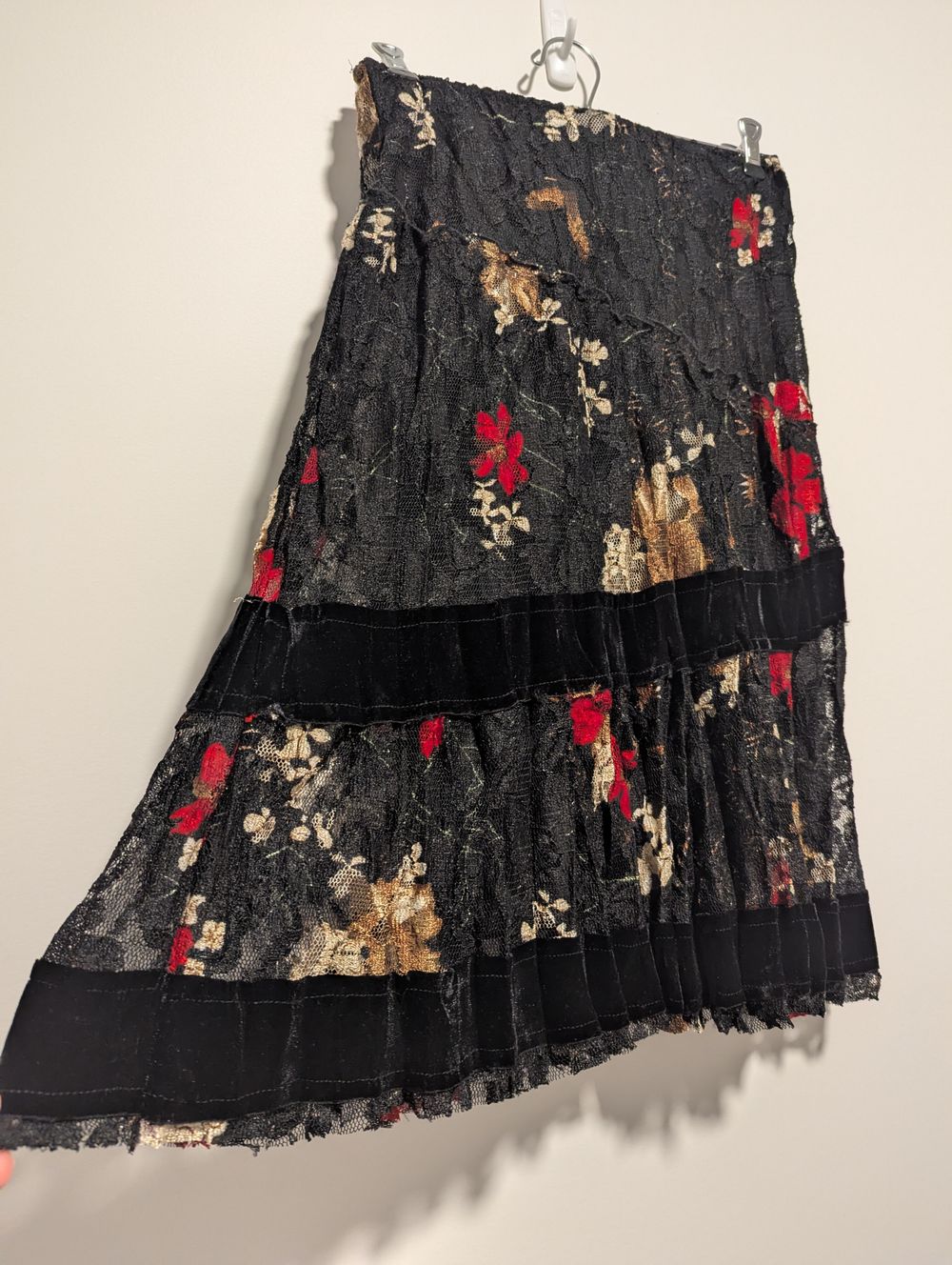 Lace velvet floral midi skirt fully lined striped flowy sheer velour crinkle Y2K grunge witchy broomstick dark romantic boho hippie earthy artsy